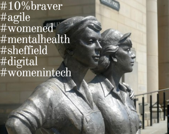 Women of Steel statue with hashtags 10%braver, agile, womenEd, MentalHealth, Sheffield, digital and WomenInTech