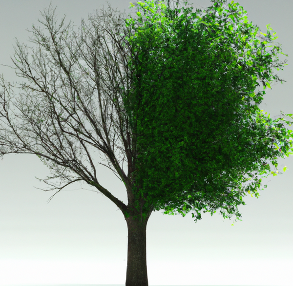 A picture of a tree. The left side of the tree is bare branches and the right side the branches have green leaves
