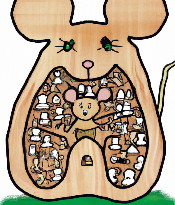 Cartoon style drawing of a wooden model of a mouse with it's mouth wide open showing mice living inside